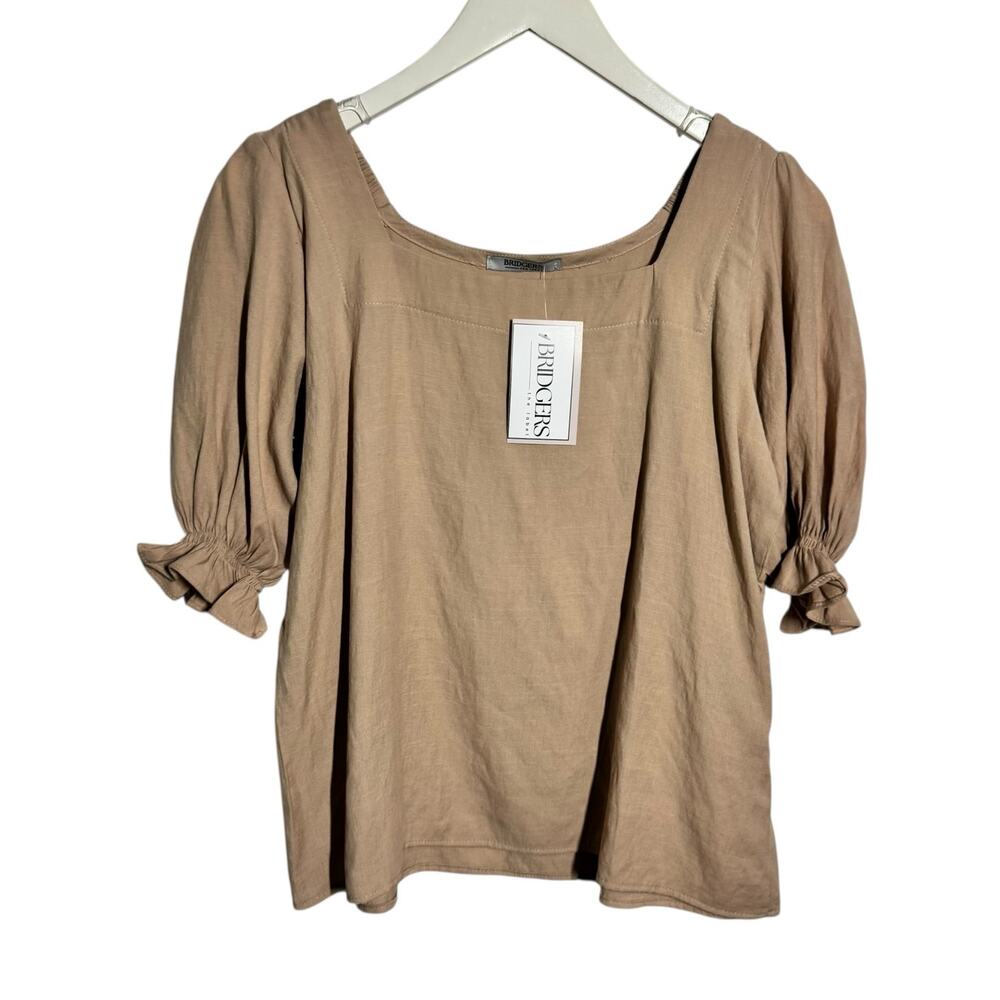 Bridgers Coastal Boho Minimal Top Women M in Sand Tan Beach Modest Puff Sleeve